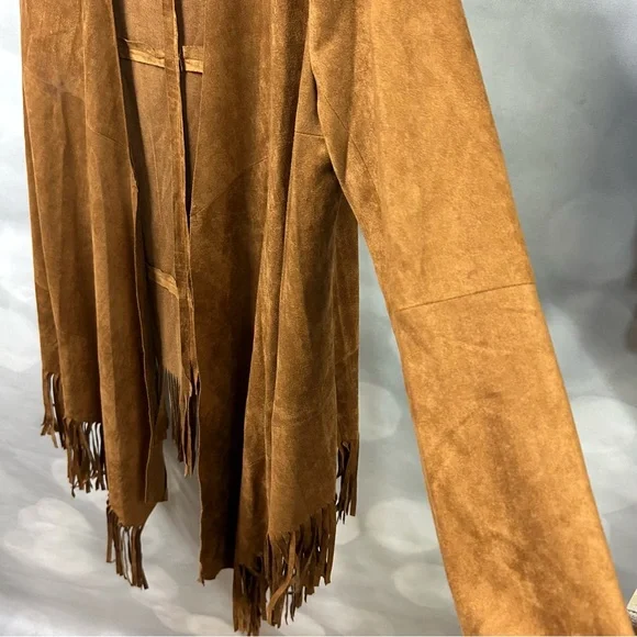Mauve brown faux suede fringe tasseled open‎ long sleeve cardigan jacket size M - Picture 8 of 8